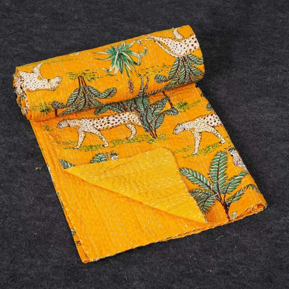 Индийский хлопок ручной работы животное Kantha покрывало ручной работы лоскутное одеяло королевский размер одеяло - Изображение 2 из 4