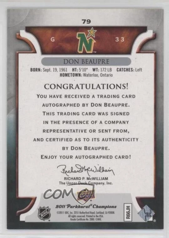 2011-12 Upper Deck Parkhurst Champions Auto Don Beaupre #79 Auto - Image 2 of 2