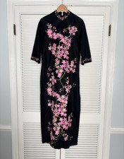 Alfred Shaheen Women s Satin Cheong-sam Dress Black Pink Floral Print Size M/L