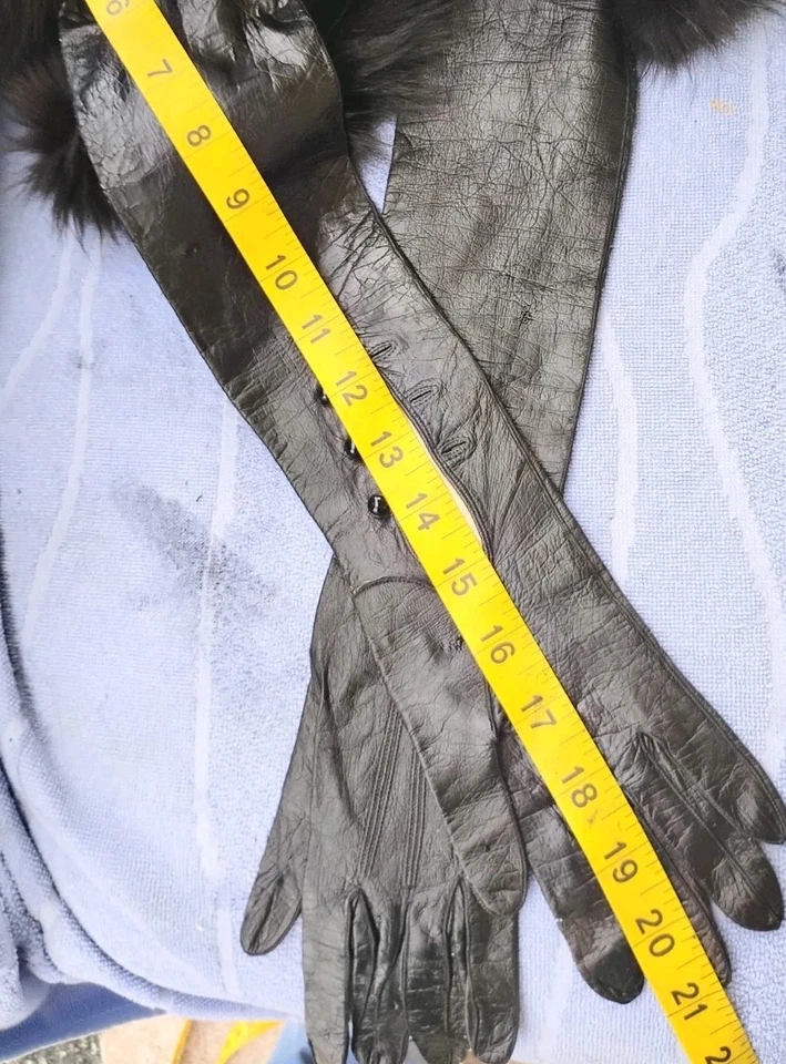 21英寸黑色儿童皮革手套。 4 英寸黑狐狸袖口歌剧!7.5 完好! 3纽扣手腕 — 第 3/4 张图片