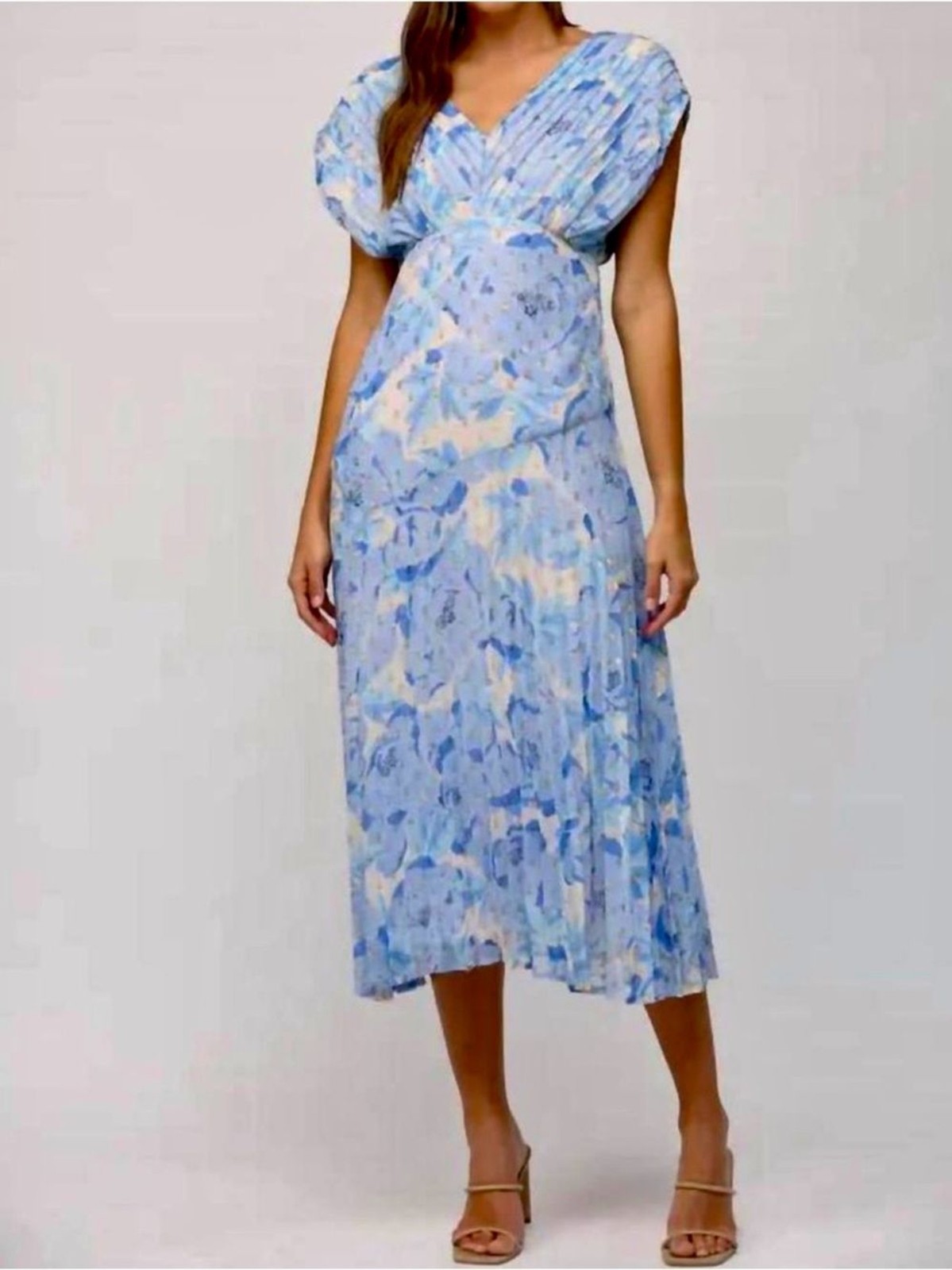 Fate Anne Dress Light Blue Floral V-Neck Pleated Midi Open Back Gold Lurex
