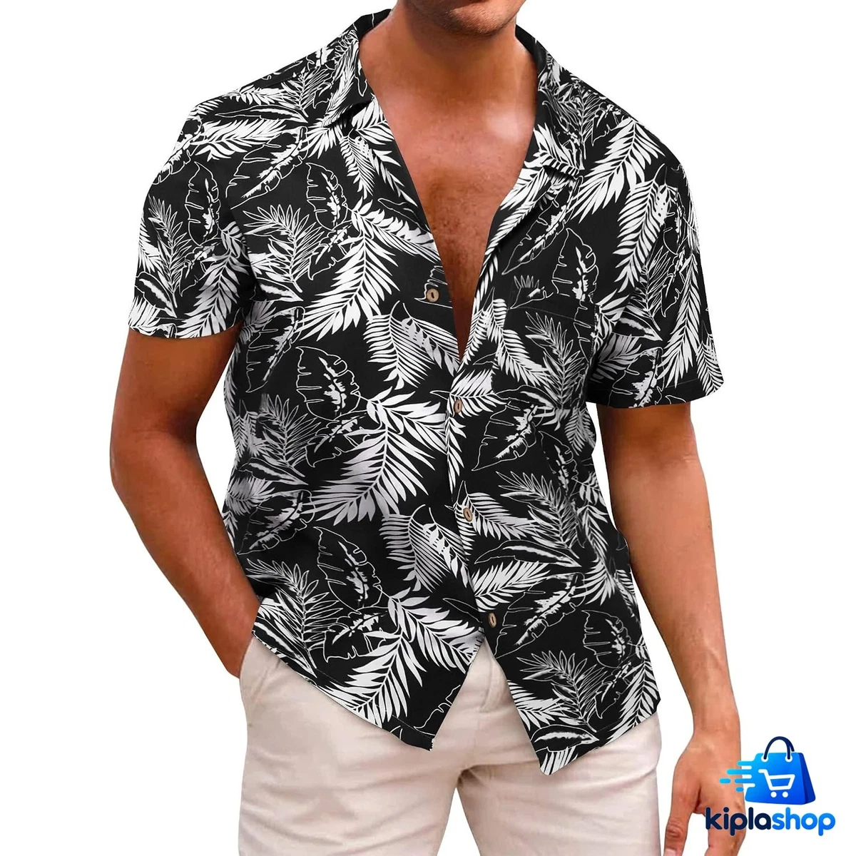 Camisa hawaiana para hombre, manga corta, algodón negro, estampado floral