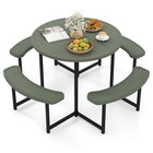 Round Picnic Table Bench Set with 4 Benches Umbrella Hole All Weather Tabletop