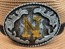 Antiqued Silver Gold Initial N Oval Western Cowboy Floral Vine Belt Buckle