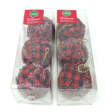 Black and Red Checked Fabric Balls Christmas Ornaments Winter Wonder Lane 6 Pcs