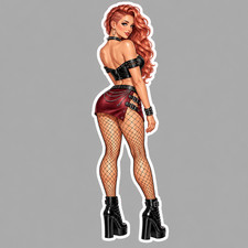 Pinup Girl Sticker Vinyl Decal Redhead Punk Rock Fishnet Stockings Leather Skirt