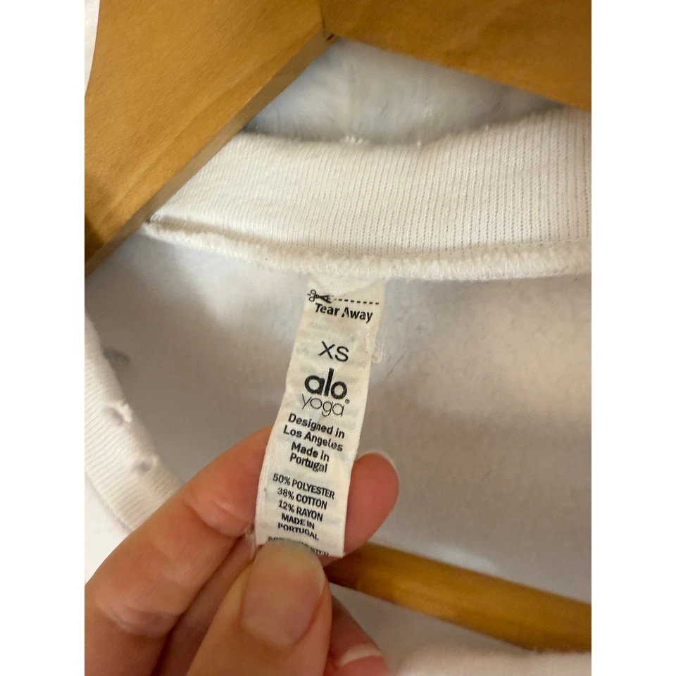 Alo Yoga Ripped Warrior Crewneck Cropped Sweatshirt White Distressed Size XS - Image 4 of 4