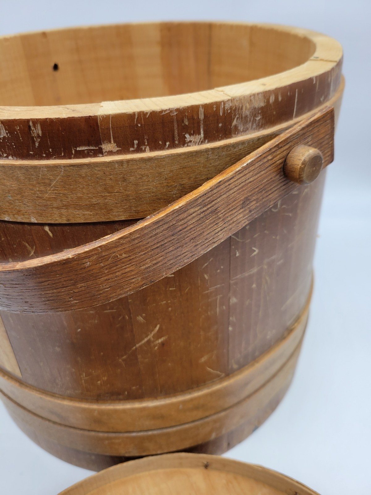 Antique Firkin Sugar Bucket with Lid and Paper Label 12" Tall