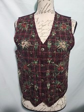 TanTrums Plaid Holiday Festive Floral Vest. Button Up. Size Petite Small.