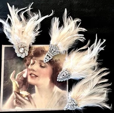 1920s Headpiece, Victorian Feathers, Deco Dress Clips, Off White, Bridal Wedding