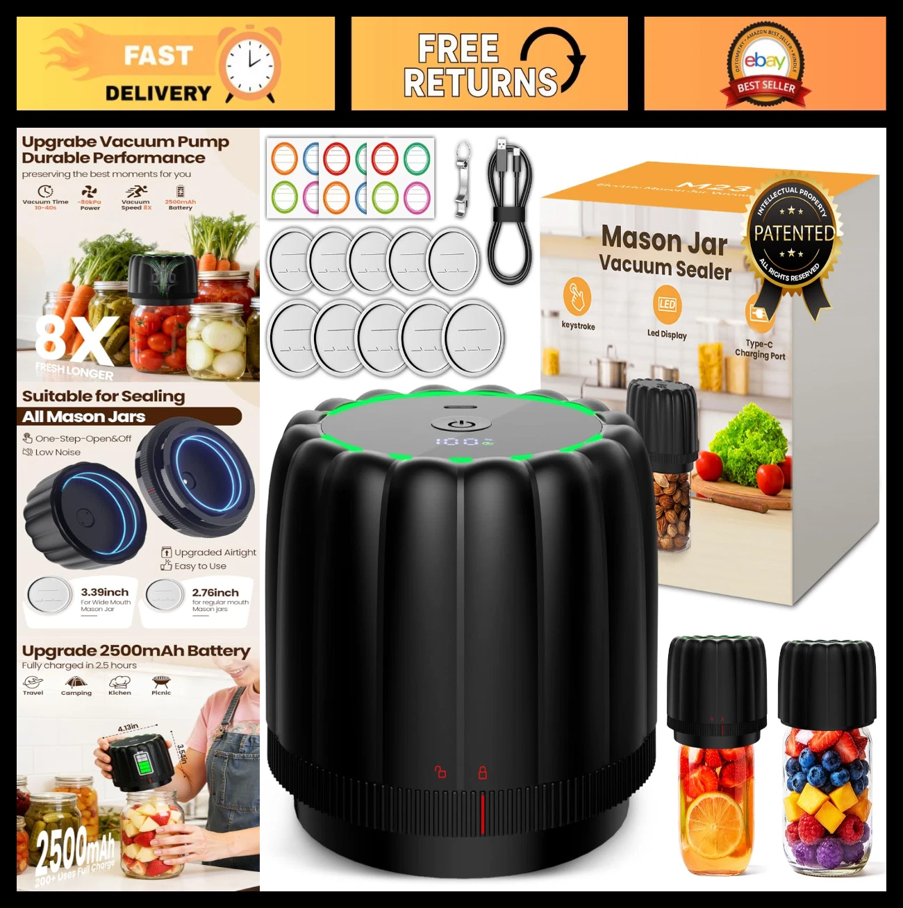 Upgraded Electric Mason Jar Vacuum Sealer Kit - Automatic Food Storage Pump, 250