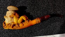 Antique Meerschaum Pipe Large 8” Nice Color With Amber Stem And Ferral