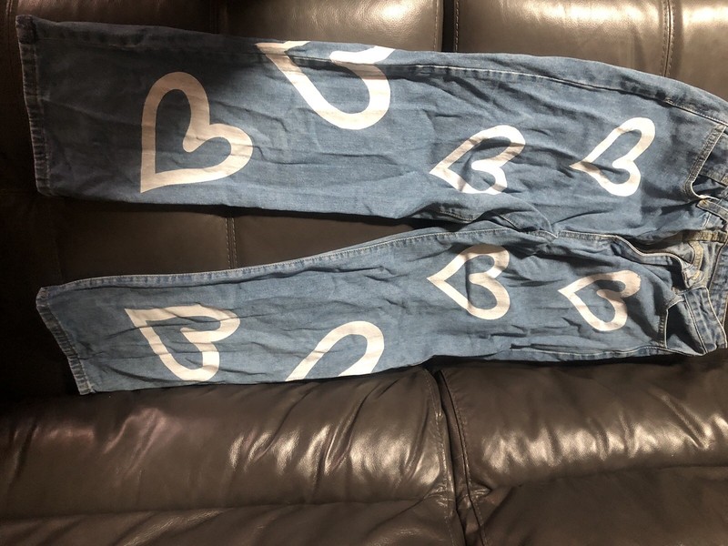Romwe Girls Jeans Size M (6) Light Blue With Big White Hearts