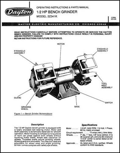 Dayton Bench Grinder Parts and Operating Manual - Picture 1 of 1