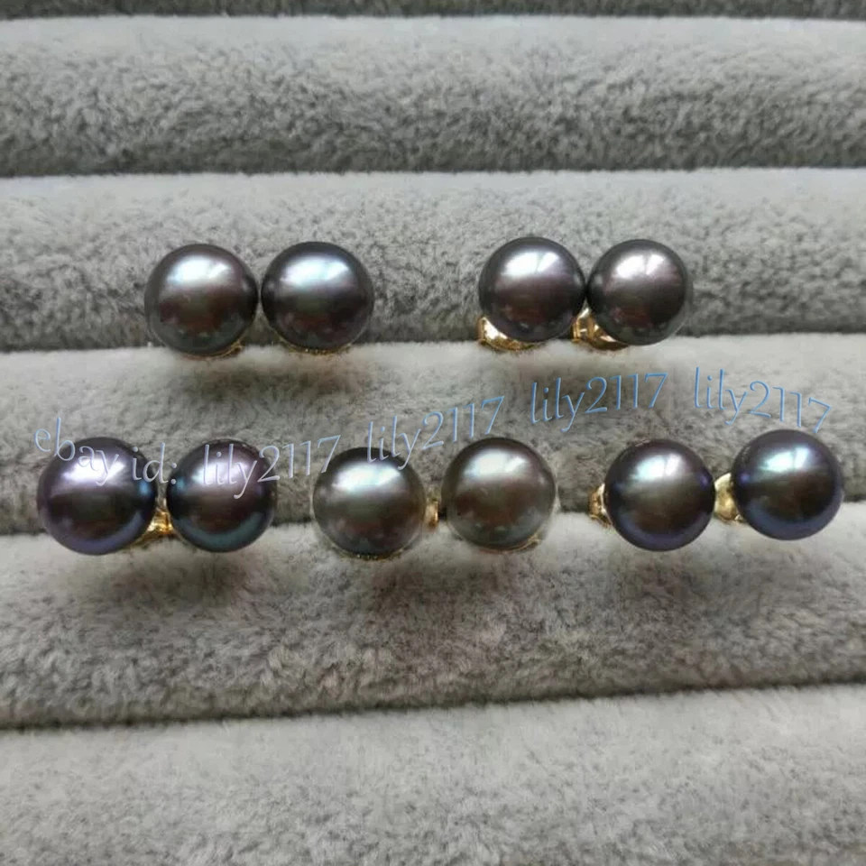 Aretes de perlas verdes negras reales AAA de Tahití de 8-9 mm de oro amarillo de 14 K Foto 4 de 4