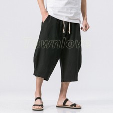 Men Harem Pants Baggy 3/4 Cropped Trousers Loose Fit Bottoms Cotton Linen Shorts