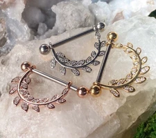 PAIR Gem Paved Leaf Dangle Nipple Rings Shields Piercing Pierced Body Jewelry