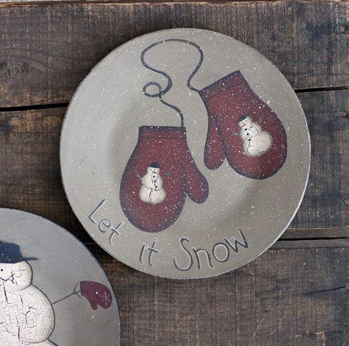Primitive Christmas Snowman & Mittens Decorative Wood Plates Set/2 Donna White - Picture 3 of 6