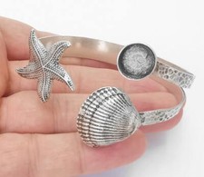 Starfish sea shell silver bracelet brass cuff blank bezel Glass cabochon G26190