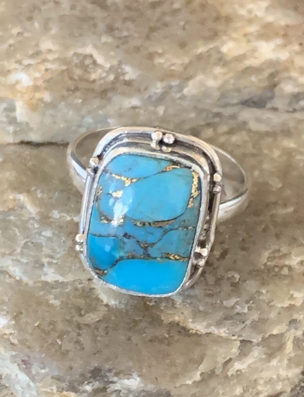 Native Mohave Navajo Sterling Silver Blue Turquoise Ring Size 7 11422