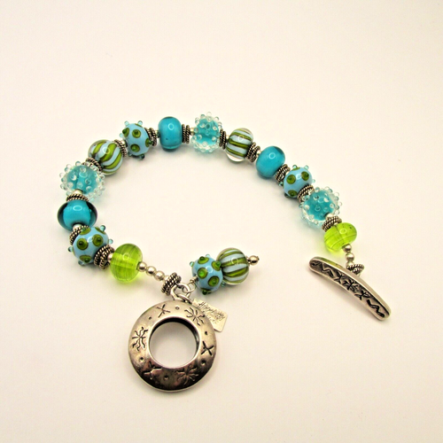 Hippykitty Lampwork grün & blau Perlen Armband Sterlingsilber Knebelverschluss - Bild 5 von 12