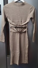 Womens Knit Ribbed Bodycon Dress Knee Lenght Size M Waist Detail Nude Beige