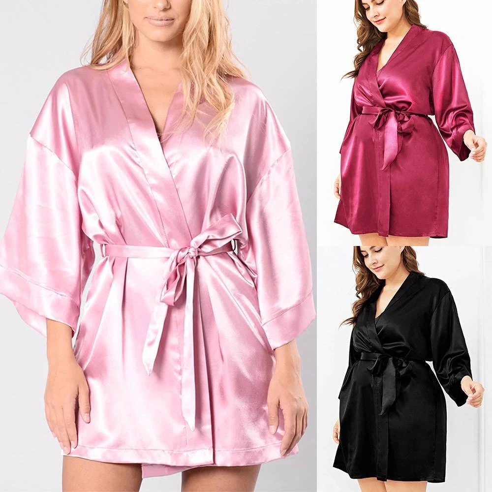 Plus Size Womens Sexy Satin Silk Dressing Gown Robe Lingerie