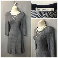 Zara Knit Women's Navy White Mix Knitted Warm Dress Medium 