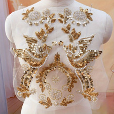 1PC Floral Bird Sequin Faux Pearl Applique Beaded Mesh Patch for Wedding Dress