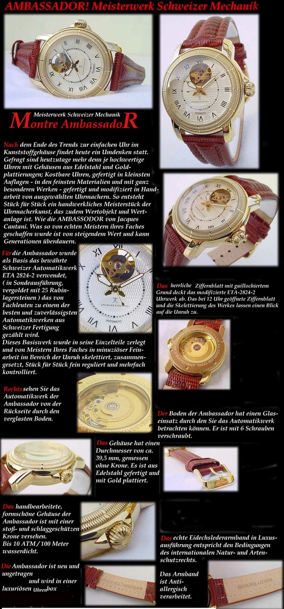 Jacques Cantani Automatikuhr Herrenuhr mit ETA 2824-2 offengelegte