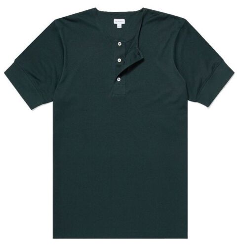 Sunspel - Dark Green Cotton Henley Polo T-Shirt S - New