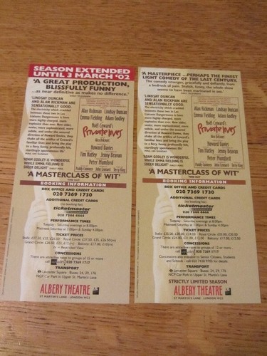 2 x PRIVATE LIVES flyers ALAN RICKMAN LINDSAY DUNCAN from 2001 and 2002 - Picture 2 of 2