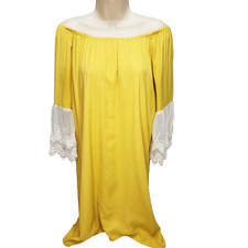Umgee Yellow Off the Shoulder Boho Mini Dress Embroidered Bell Sleeves Women's L