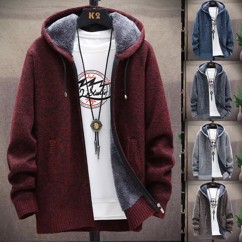 Men Knitted Fleece Coat Warm Sweater Zip Up Jacket Casual Cardigan Hooded  Jumper