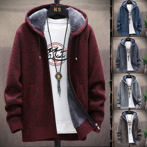 Men Knitted Cardigan Hooded Jumper Fleece Coat Warm Sweater Zip Up Jacket Casual - Afbeelding 1 van 34