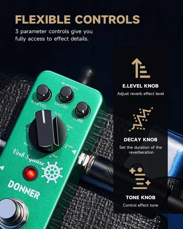 🎸Donner Verb Square Digital Reverb Pedal 7 Modes Room Hall Church Spring Studio - Image 3 of 4