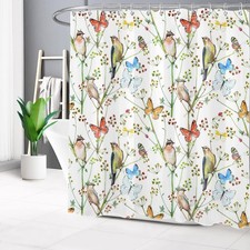 Bird Butterfly Shower Curtain Floral Butterfly on White Background Bathroom S...