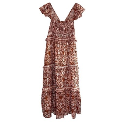 Cleobella Frida Midi Dress Women Large Anila Print Brown Tiered Cottagecore Boho
