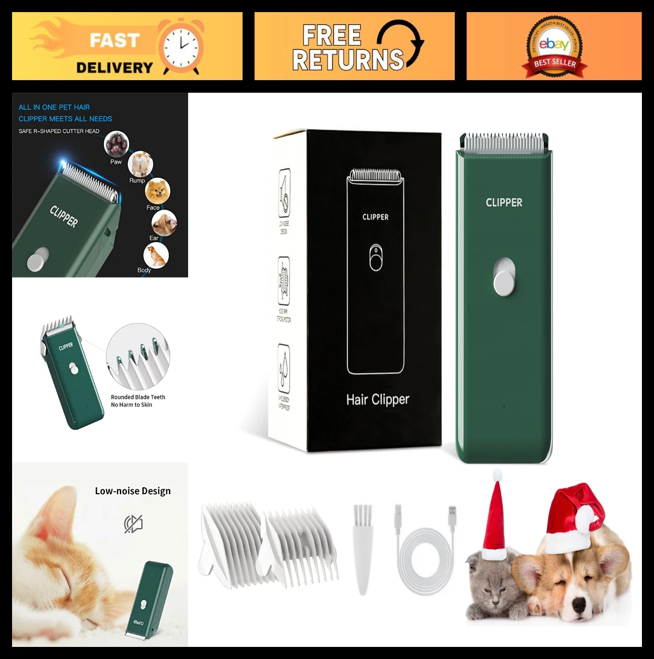 Waterproof Low Noise Pet Hair Clippers - USB Rechargeable Grooming Trimmer for D
