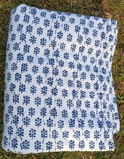 White Block Print Kantha Quilt Indian Cotton Throw Boho Bedspread Queen Size