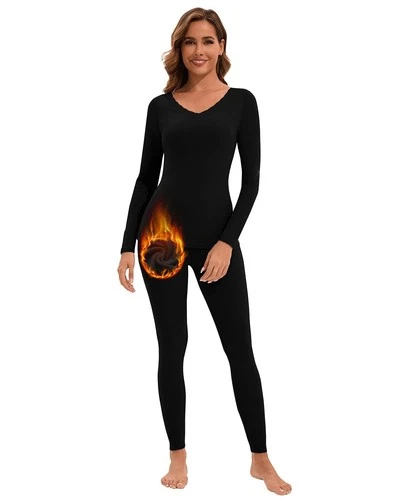 Womens Thermal Underwear Set Soft V Neck Lace Long Johns – Black XL