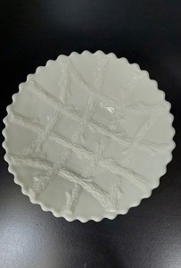 LG Wright Custard  Glass Footed Dish Twigs with underlined Wobbly W. Uranium.