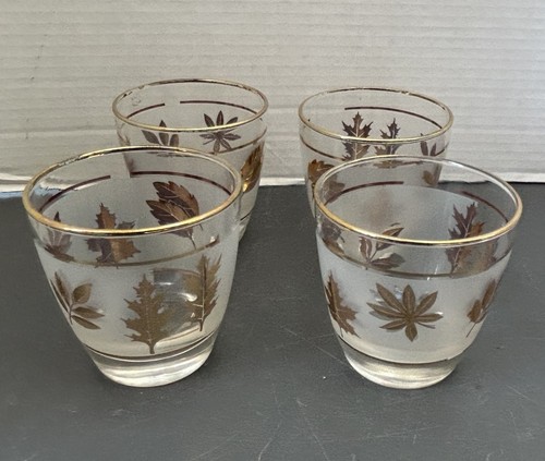 Vintage MCM Libbey Frosted Low Ball Rocks Glasses w/Gold Leaf Leaves - Set of 4 - Picture 2 of 4