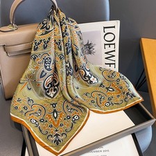 100 Silk Scarf Women Vintage Green Paisley Kerchief Square Bandana Wrap 68 68cm