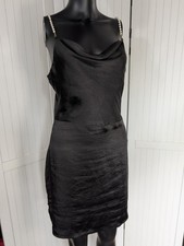 Nasty Gal Black Satin Pearl Strap Slip Dress Cowl Neck Mini US 6