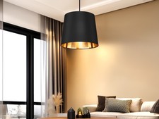 Industrie Look Pendelleuchte mit Stoffschirm Schwarz Gold für den Esstischlampen