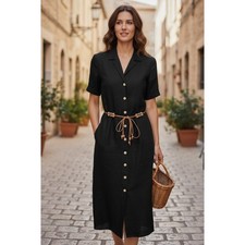 Positive Attitude Maxi Dress Womens Black Linen Blend Button Front Belted Size 6