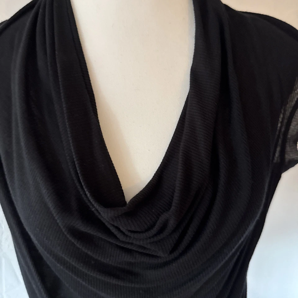 Splendid 黑色垂褶圆领帽袖针织上衣小号美国制造半透明  — 第 2/4 张图片