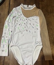 GK Custom Competition Gymnastics Swarovski Bling Cry Leotard Sz YS White Gre Mes