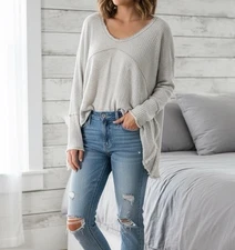 Free People High Low Thermal Waffle Weave Top Long Sleeve Gray Tunic Size M